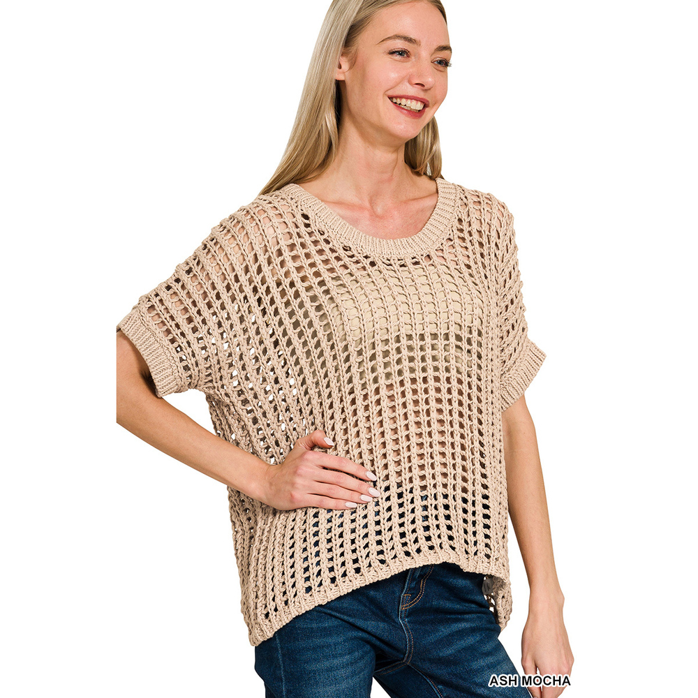Z2 AMOCH Zenana Fish Net Short Sleeve Crochet Sweater Various Sizes